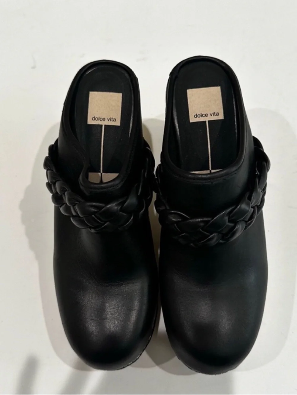Dolce Vita Black Leather Braided Clog Mules with Wooden Platform Shoes NWOT - Picture 5 of 15